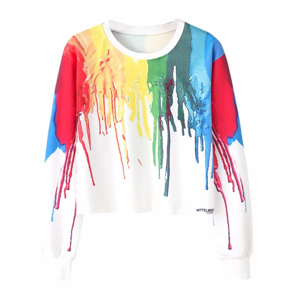 Fashion Women hoodies Long Sleeve Multicolor Paint Print Hoodies Casual Blouse moletom cropped bluzy damskie crop top | Женская одежда