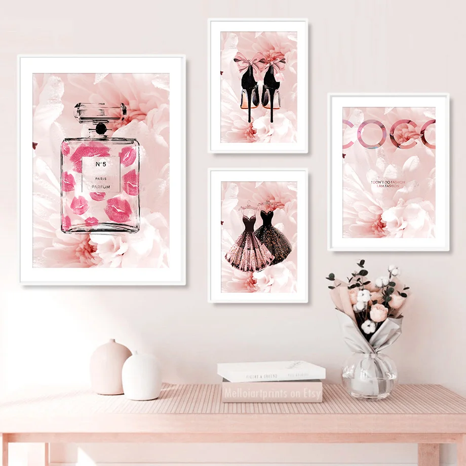 

Peony Flower Paris Perfume High Heels Skirt Art Canvas Painting Nordic Posters And Prints Wall Pictures For Living Room Decor