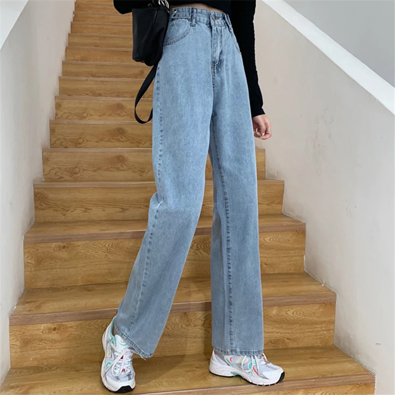 

Шикарные ретро джинсы в гонконгском стиле для женщин весна-осень 2021 с высокой талией свободные прямые стройнящие универсальные с широкими ...