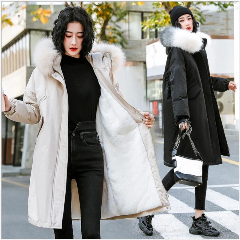 

Fashion Velvet Liner Winter Jacket Women Hooded Down Parkas Female loose Warm Winter coat Outwear 2020 New R835