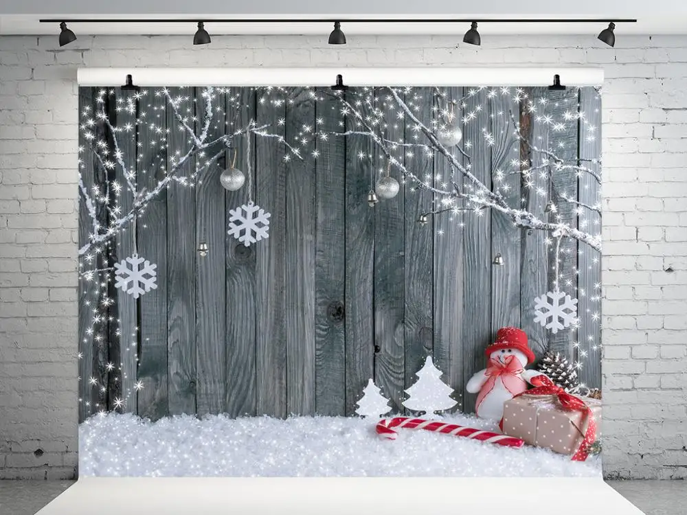 Виниловые фоны Gray Wood для фотостудии на Рождество с зимним пейзажем, фотографические задники с снеговиком и пряниками для детей.
