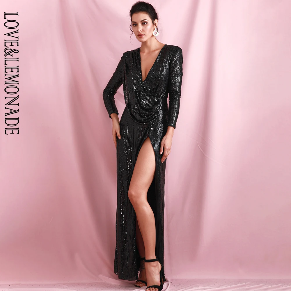 LOVE& LEMONADE сексуальные черные с глубоким v-образным вырезом Драпированные эластичные блестки крест Открытый bodycon с длинным рукавом Вечерние платья макси LM82188