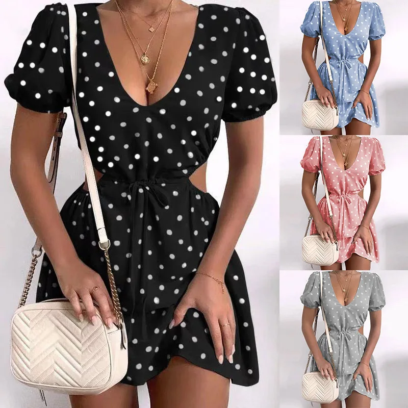 

European and American Women' Summer New Style Solid Color Sexy V-neck Polka Dot Printing Hollow Waist Short-sleeved Dress Women