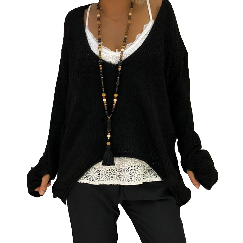 Свободный женский Однотонный свитер с v-образным вырезом и длинным рукавом