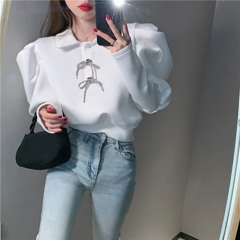 

Kimutomo Women Elegant Solid T-shirt 2021 Korea Chic Female Turn-down Collar Bow Buttons Puff Sleeve All-matching Tops Casual