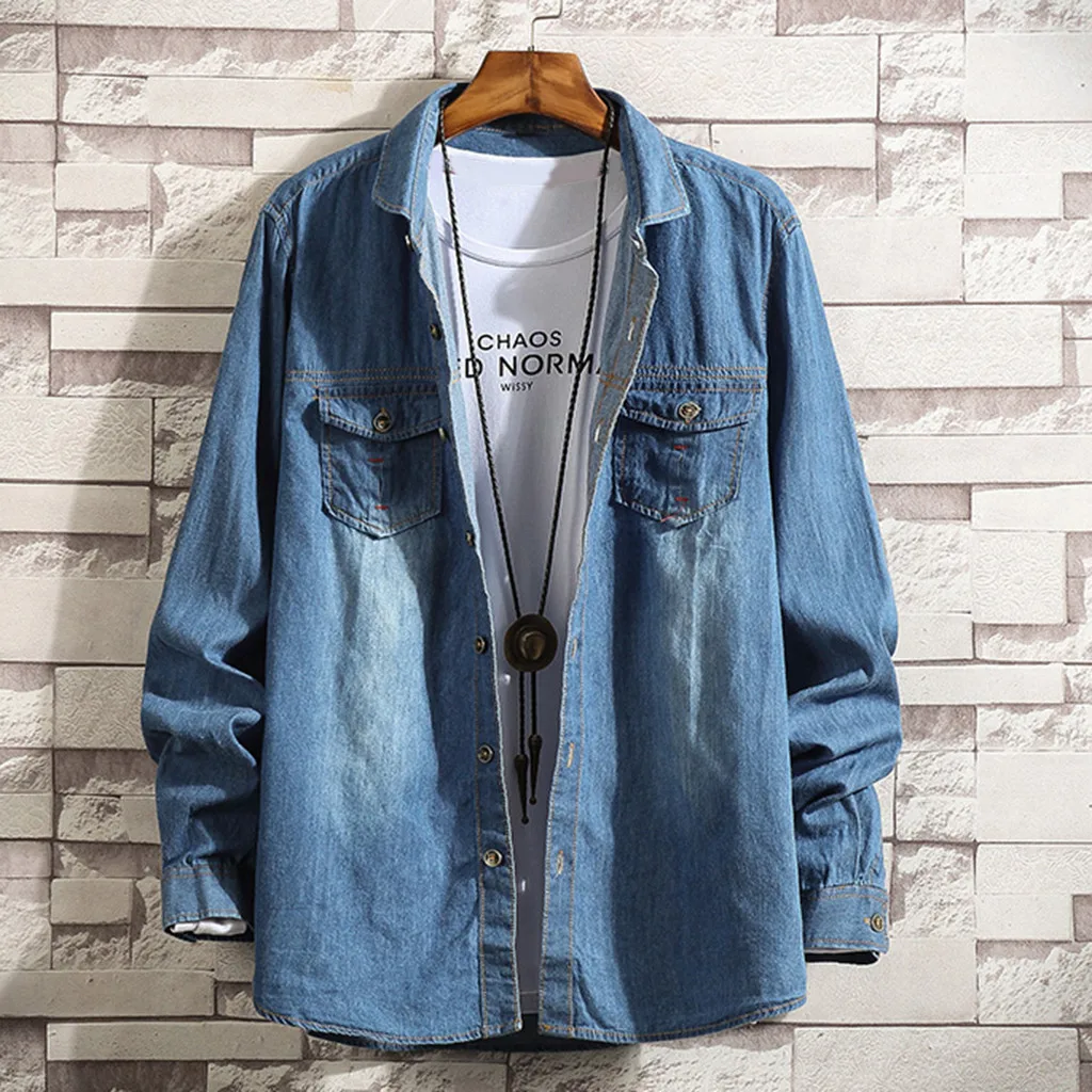 Джинсовая рубашка Мужская джинсовая модная мужская тонкая с длинным рукавом
