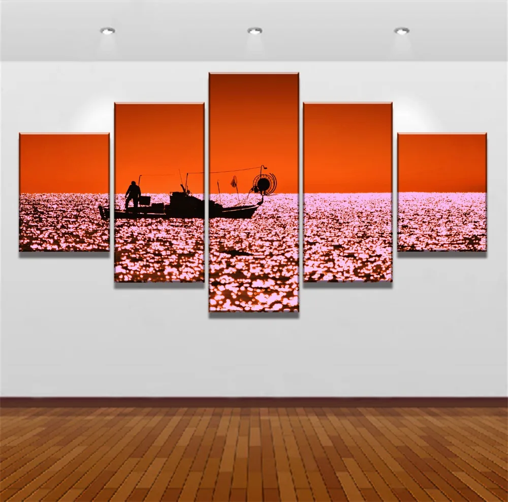 

HD Print Painting 5 Piece Canvas Art Sea Fisherman Sunset Cuadros Landscape Canvas Wall Art Home Decor For Living Room Picture