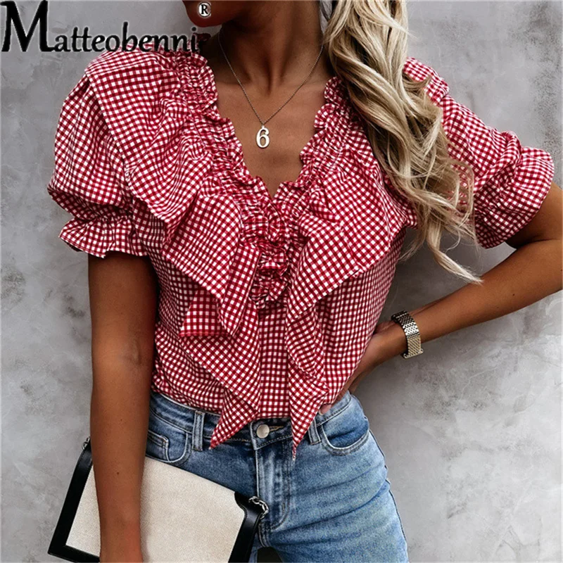 

Sexy Double V Neck Ruffles Blouse Women Casual Red Plaid Print Puff Shoulder Shirt 2021 Summer Short Sleeve Ladies Elegant Tops