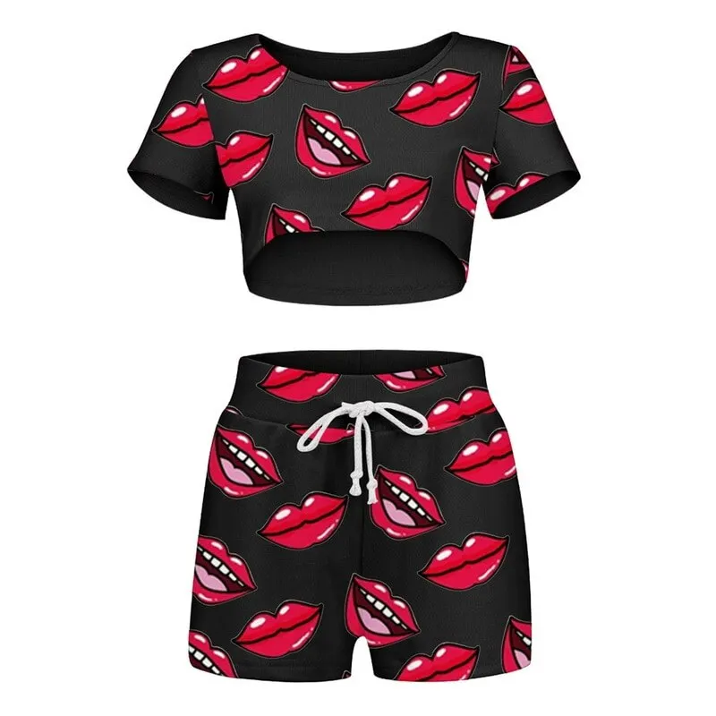 

2021 Pajama Sets Sexy Lips Print Women Pajamas With Pants+Short Sleeve Sleepwear Pijama Nightie Home Clothes Pyjama Pour Femme