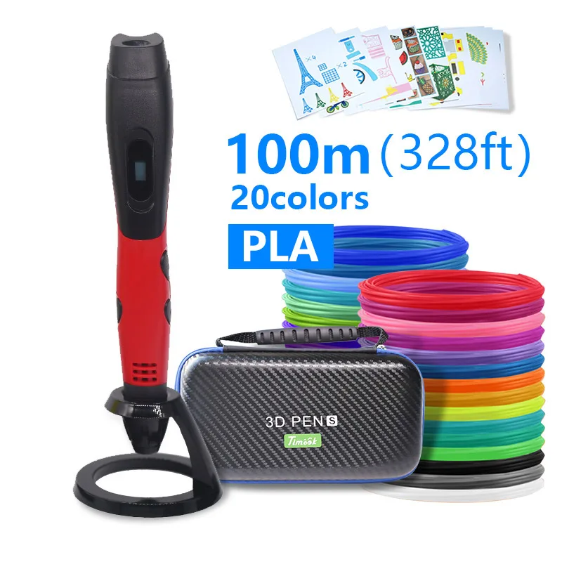 Red pen PLA100m 3d ручка 3d-ручки, светодиодный дисплей, ABS / PLA-филамент, 3-я ручка Добавить специальные брекеты для защиты рук,с 5 В в 2A usb адаптер 3d-печатные ручки Рождественские подарки - Цвет: Red pen PLA100m