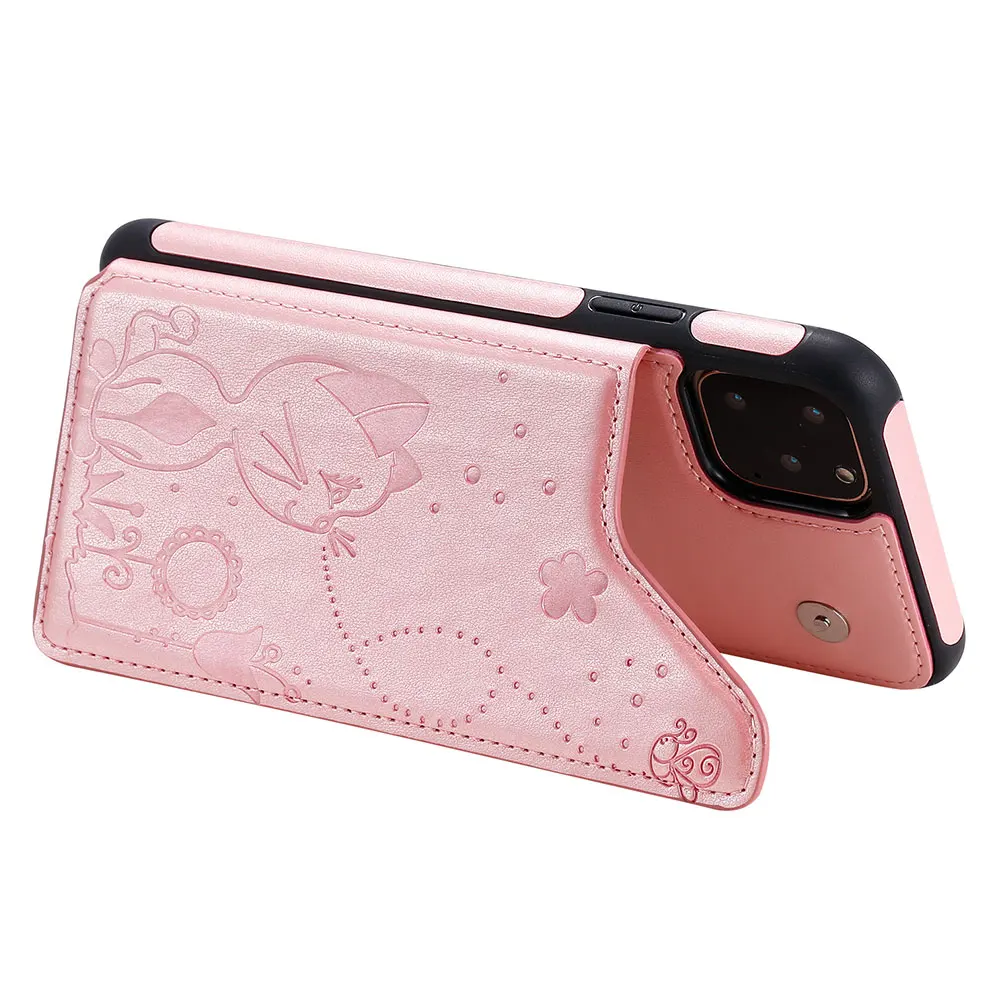 Кожаный чехол кошелек с кошками и пчелами для iPhone 11 Pro Max противоударный откидной