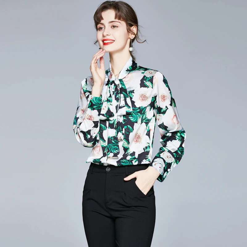 

Spring Autumn New Fashion Runway Designers Bow Collar Floral Print Blouses and Shirts Elegant Lady Office Casual Womens Tops