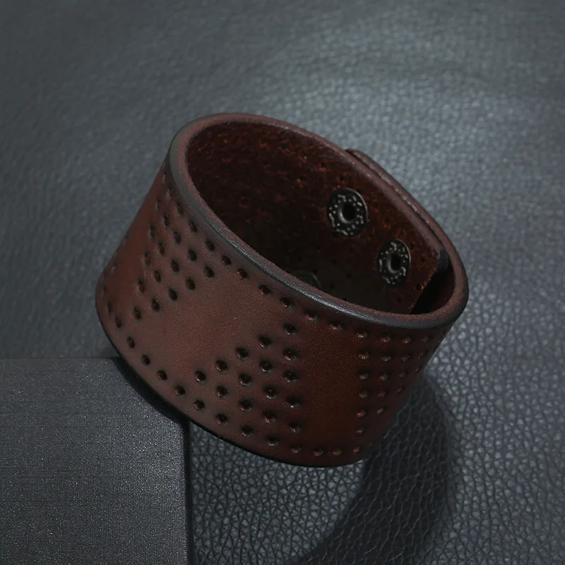 Мужской винтажный браслет из натуральной кожи широкий воловьей с металлическими