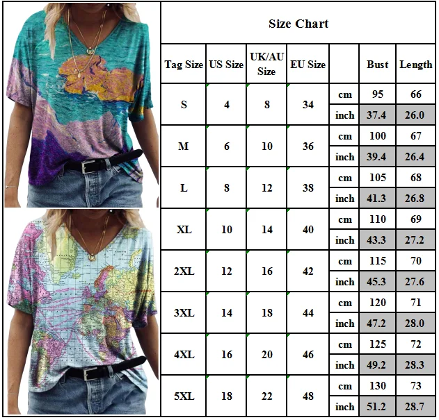 

Women Map Painting Flowers Print Casual T-Shirt Short Sleeve Summer Blouse Tops