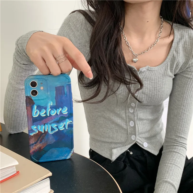 

Ocean sunrise oil painting letter Phone Case For iPhone 12 11 Pro X XS Max Xr 8 7 Plus Soft IMD Silicon Back Cover Coque