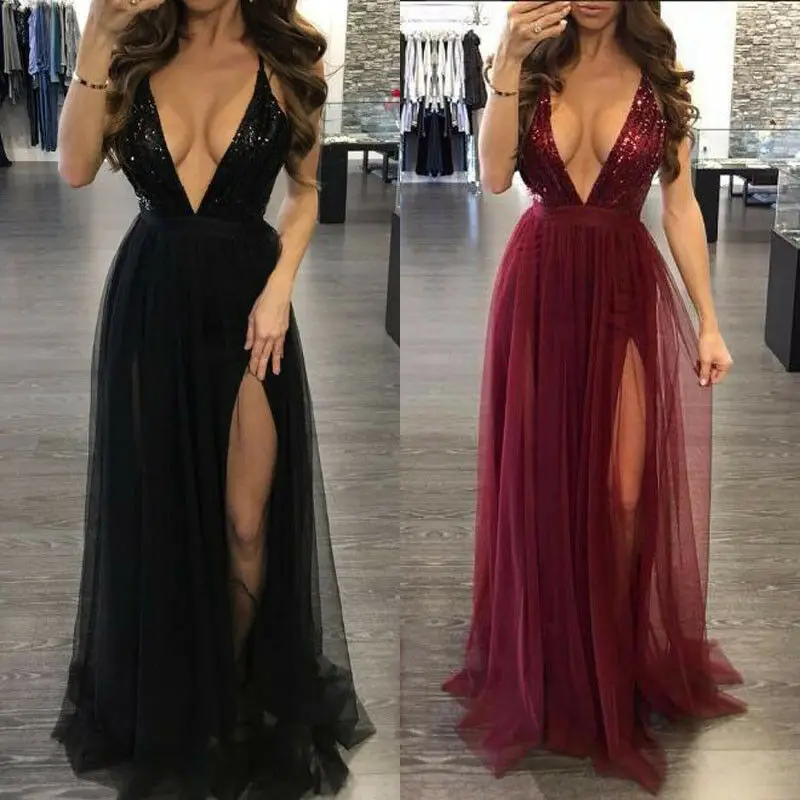 Women's Deep V Neck Sleeveless Elegant Formal Prom Long Maxi Cocktail Party Ball Gown Bandage Blackless Dress Red Black XL