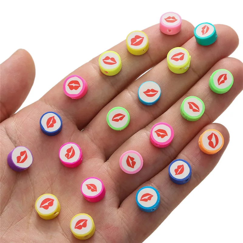 50 шт./лот разноцветные Круглые плоские бусины из полимерной глины с узором губ