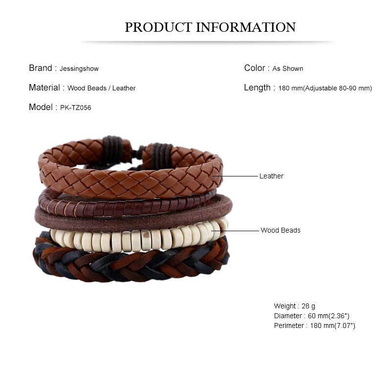 5 шт./компл. винтажные кожаные деревянные бусины Регулируемый веревочный браслет