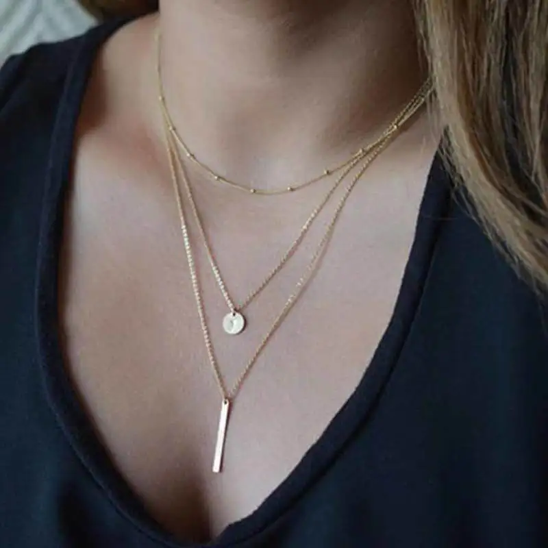 

Fashion Gold Silver Metal Stick Multilayer Necklace Pendant Tassel Long Chain Choker Necklaces for Women Collares Jewelry