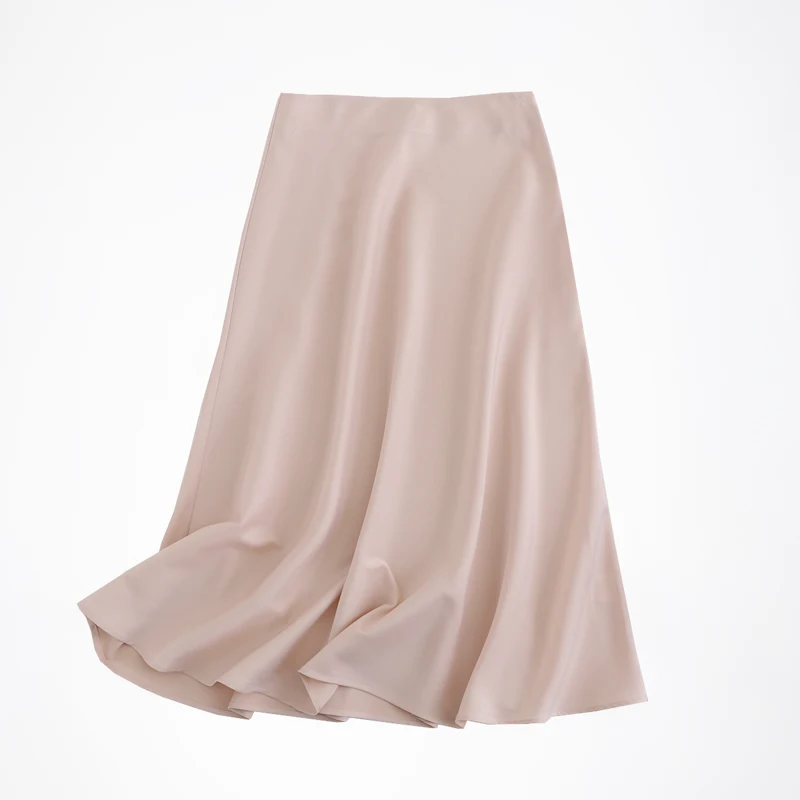 

2021 women solid quality satin midi skirt vintage side zipper office ladies elegant chic A-line skirts 6D18