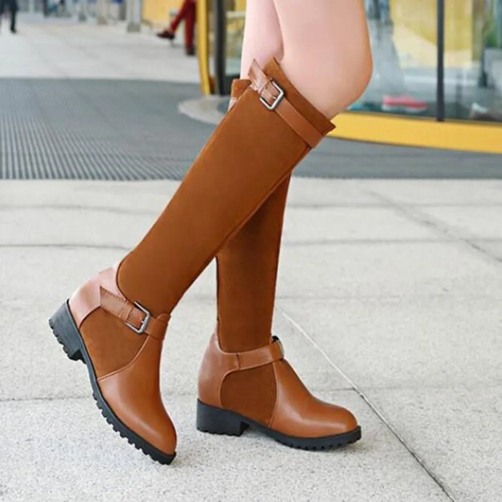 Женские сапоги до колена с пряжкой на квадратном каблуке Размеры 35 43|Сапоги