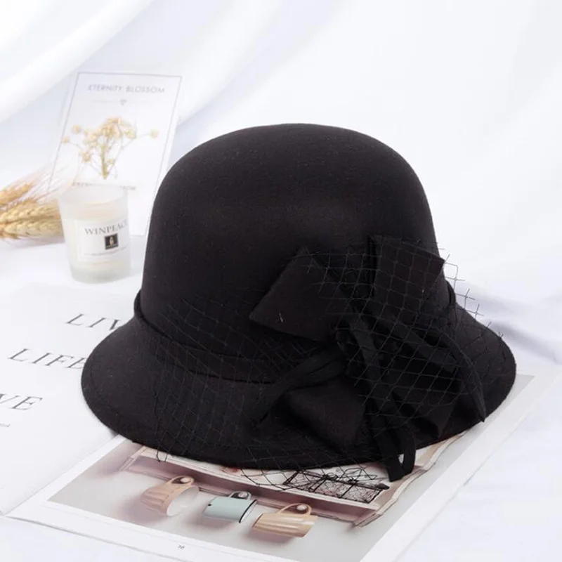 Новая Винтажная шляпа-колокол из искусственной шерсти с сетчатым бантом |