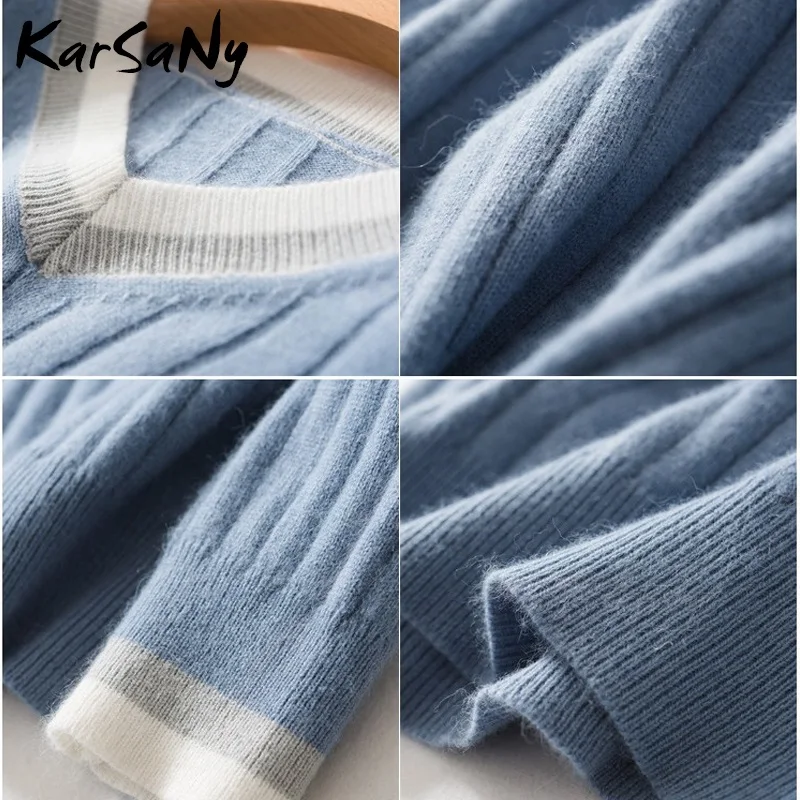 Autumn V-neck Cashmere Sweater Women Vintage Jumper Blue Knitted Striped Sweaters For White Pullover Winter Warm | Женская одежда