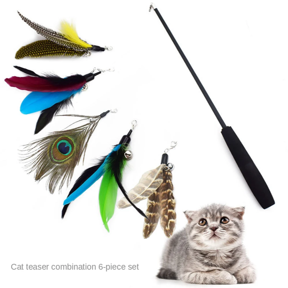 

Interactive Cat Toy Pet Feather Chase Game Props Replaceable Retractable Cat Stick Easy-To-Use Cat Products Multi-Color Optional