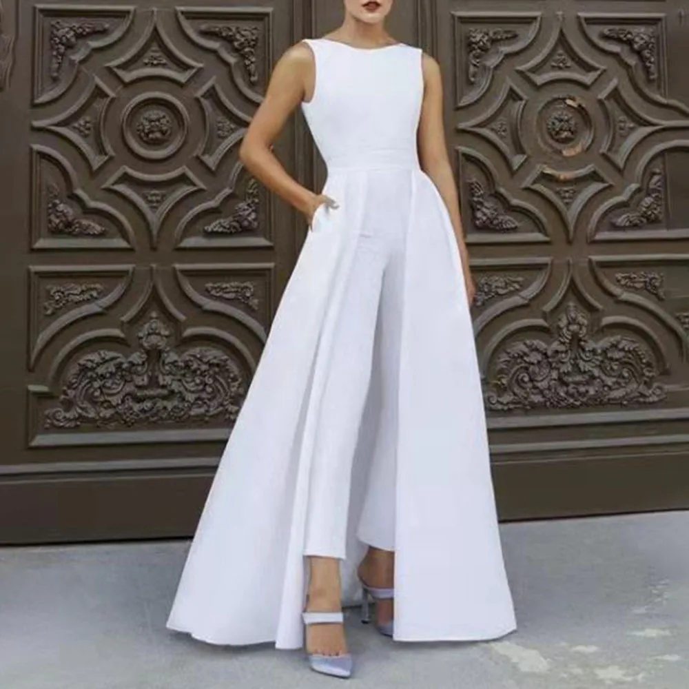 

Summer 2021 Europe America Women's Jumpsuit Fashion Temperament High Waist Solid Color Round Neck Splicing Popular Thin