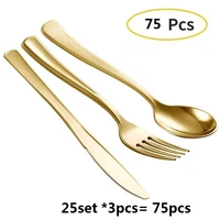 75 300pcs disposable gold cutlery plastic wedding party tableware set bronze golden dinner knife fork spoon birthday silverware