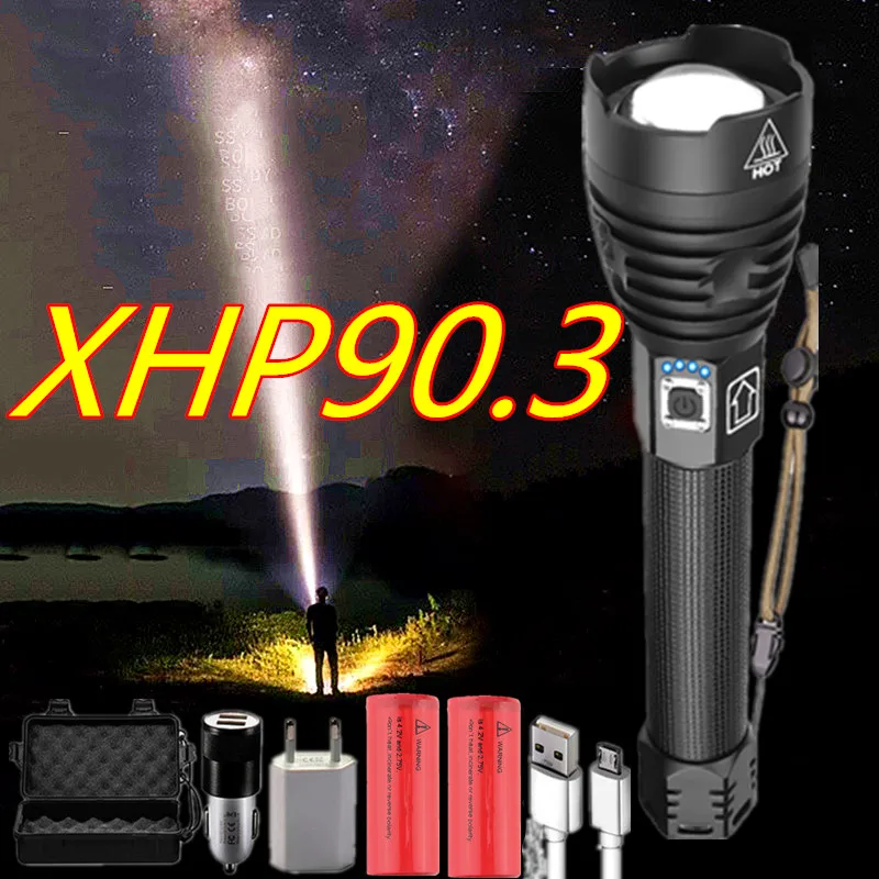 

Суперъяркий мощный фонарик XHP90.3, фонарик с аккумулятором 26650, заряжаемый от USB, светодиодный тактический фонарик лм, лампа с зумом