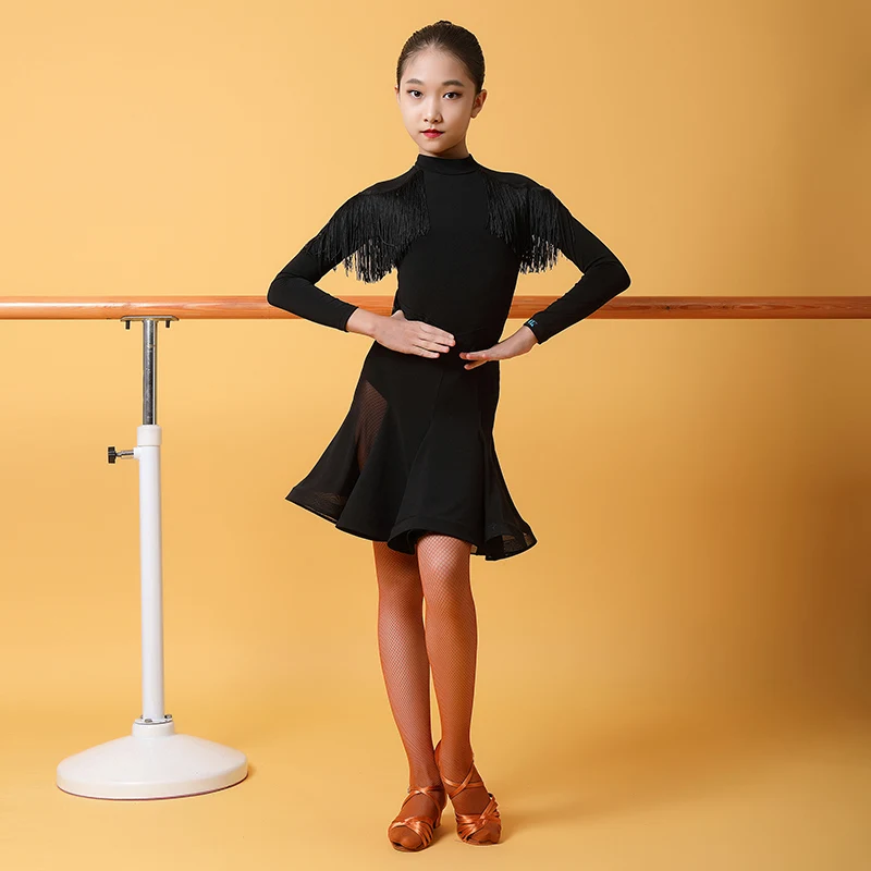 

Kids Latin Dance Costumes Long Sleeve Backless Fringe Lace Dress Professional Rumba Tango Samba Competition Tassel Dress VO1429