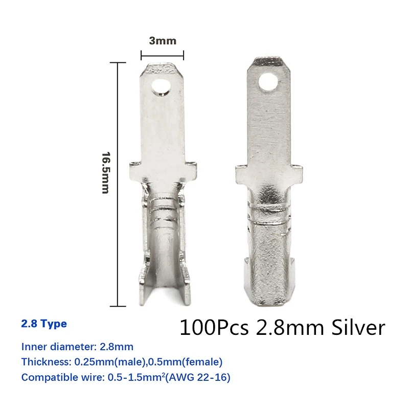 100 2.8mm Silver 200/100 шт Женский обжимных клемм соединитель 2,8/4,8/6,3 мм золотистыми латунными зубцами автомобиля Динамик электрические соединители проводов Набор креплений диаметром 22-16 AWG - Цвет: 100 2.8mm Silver