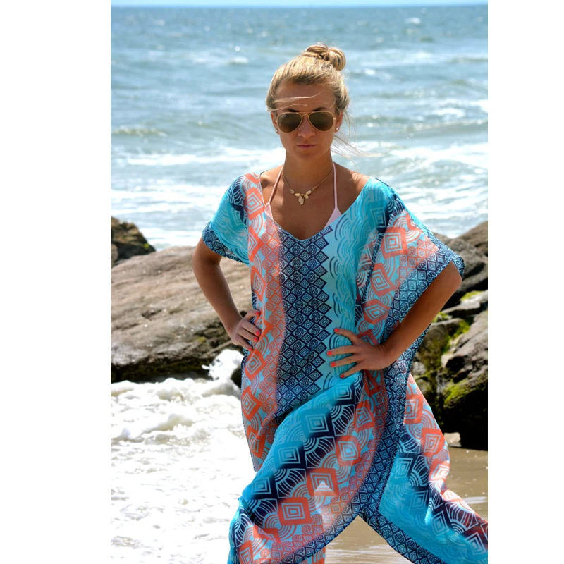 

Summer Printing Beach Dress Boho Women Bathing Suit Cover Ups Sarong Bikini Long Robe Pareo Tunic Capes Kaftan Coverup