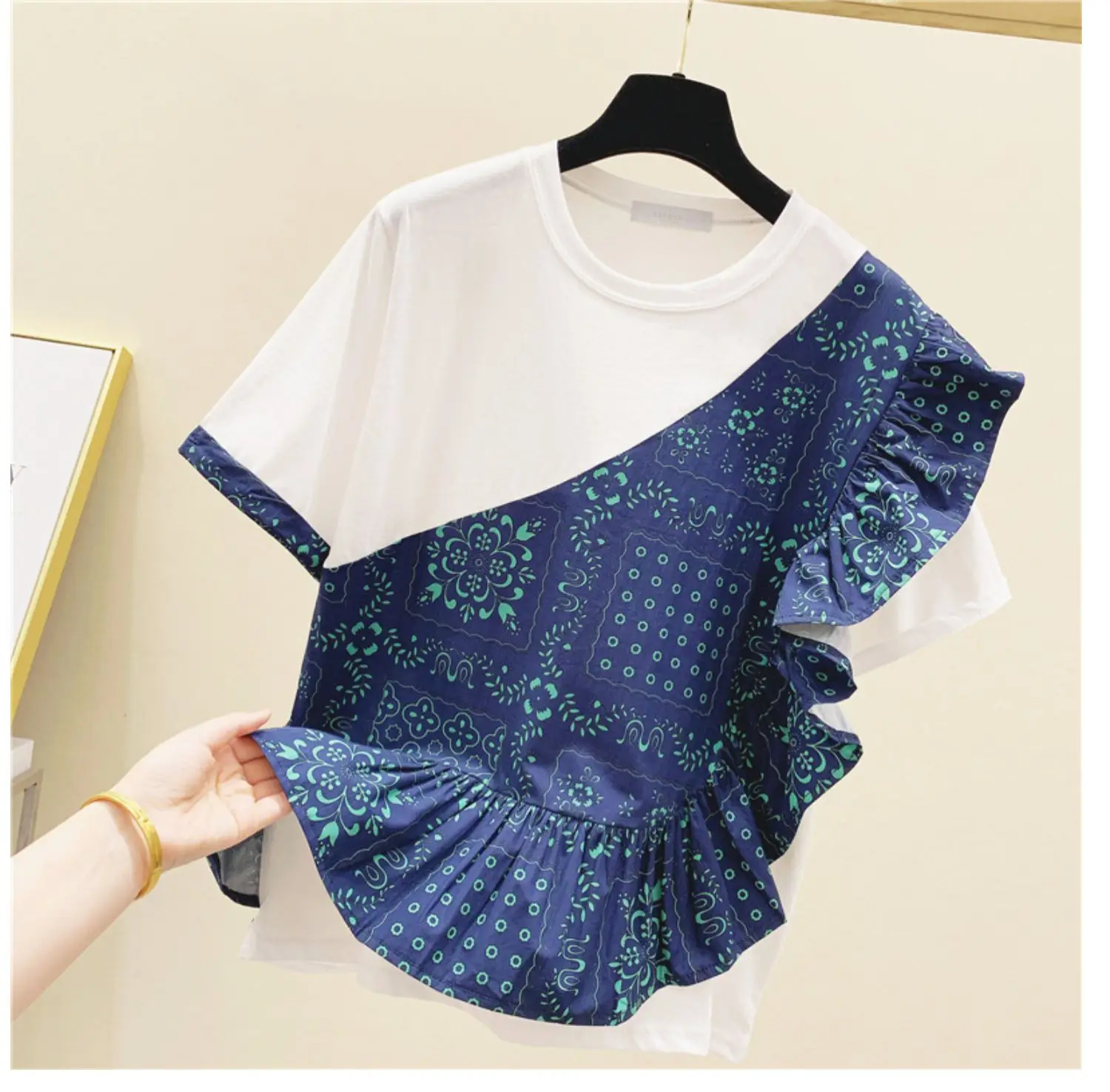 

2021 Summer Irregular Pattern Print Patchwork Ruffled Contrast Color Short-Sleeved T-shirt Korean Style Top Loose Fashion Tee
