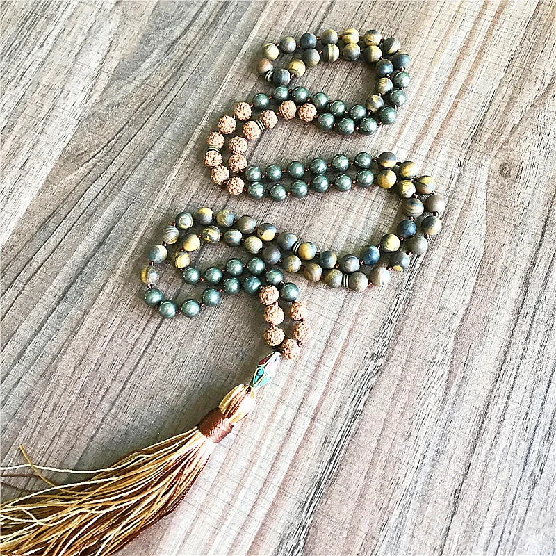 108 матовое ожерелье с тигриным глазом Mala завязанное кисточкой для медитации и