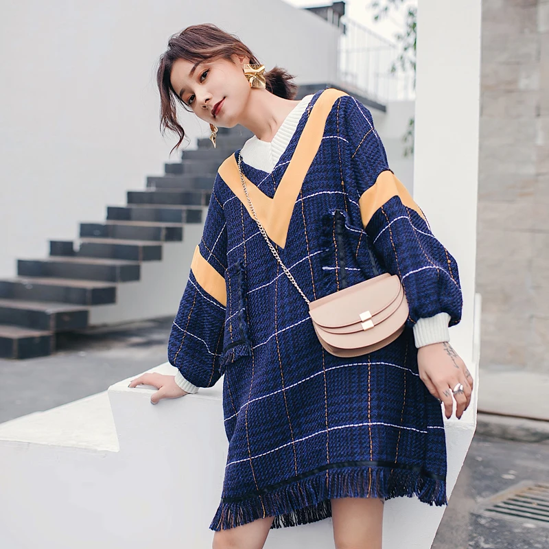 LANMREM 2020 Новое весеннее Модное темно синее платье свитер с длинным рукавом и v