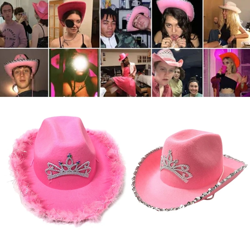 

Spangles Decorated Cowgirl Hat in Pink Tiara Decorated Fedora with Feather Edge Hats for Women Wool Made European Style