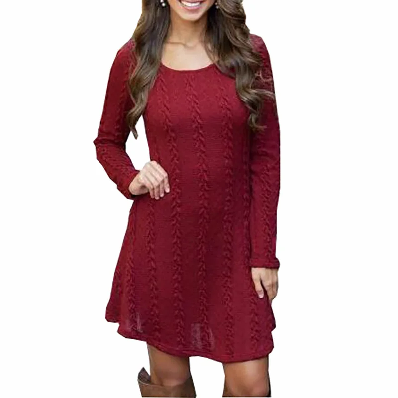 

New 2019 Women Dresses Long Sleeve Mini A-Line Knitted Sweaters Dresses Autumn Winter Casual O-Neck Sweaters Dress