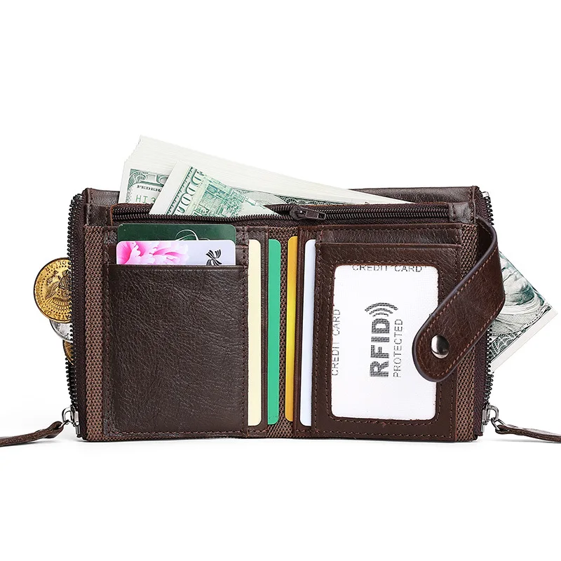 Double zipper short men's wallet leather zipper buckle antimagnetic change coin hand held oil package wax leather wallet
