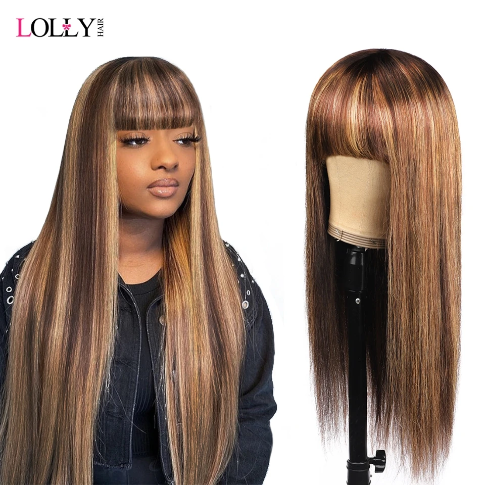 

Honey Blonde Highlight Ombre Hair Wig With Bangs Brazilian Straight Machine Made Glueless Wig For Black Women Remy Fringe Wig