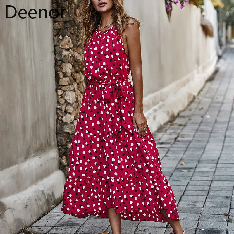 

Deenor The New WOMEN Summer Polka Dot Sling Holiday Casual Dress Fashionable Sleeveless Bohemian Ankle-Length