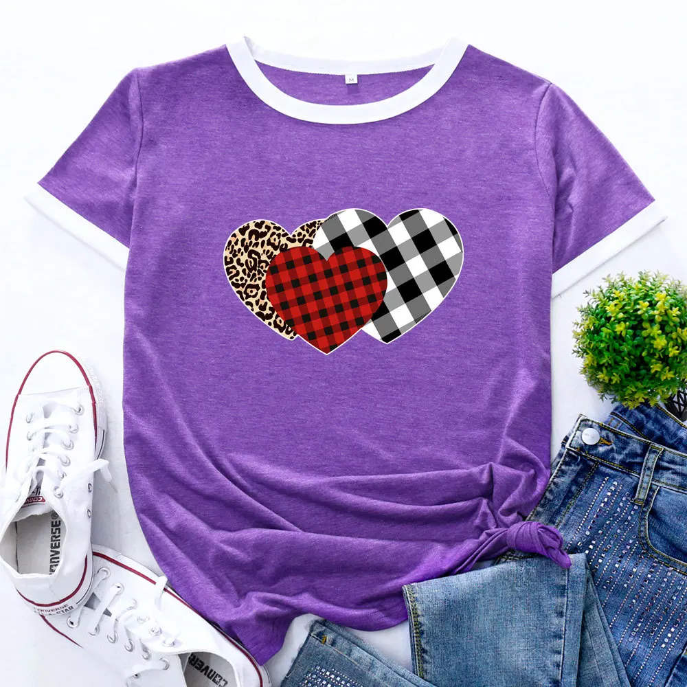 

Plaid Leopard Love Red Heart Womens Colorblock Crewneck Short Shleeve Cotton Blend Summer T-shirts Graphic Tees Female Print Top