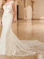 elegant lace mermaid wedding dresses jewel neck custom made bridal gowns boho beach sweep train tulle vestido de novia