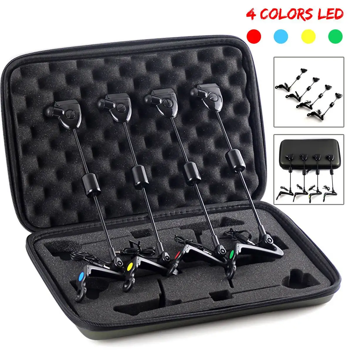 

4pcs Fishing Swinger Set Bite Alarm Hanger Swinger 4 Colors LED Illuminated Indicator Carp Fishing Tackle with Zipper Case