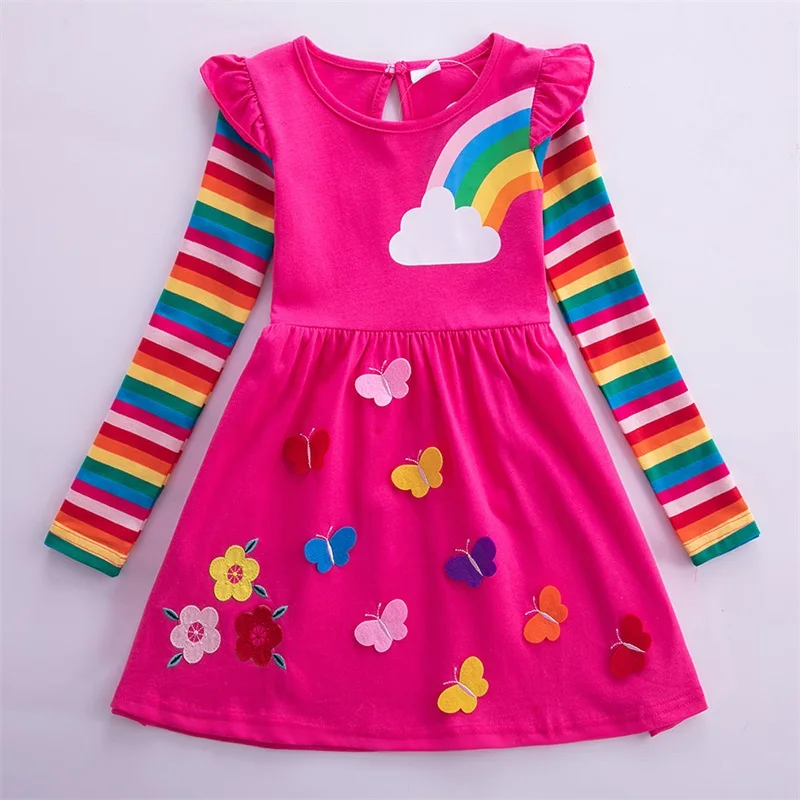 

Autumn New Cartoon Long Sleeved Girls Cotton Cartoon Rainbow Butterfly Flower Dress Princess Dress