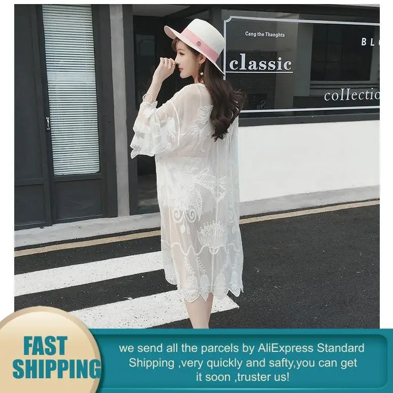 Летнее женское шифоновое кимоно белое длинное пляжное с принтом Mujer кардиган на