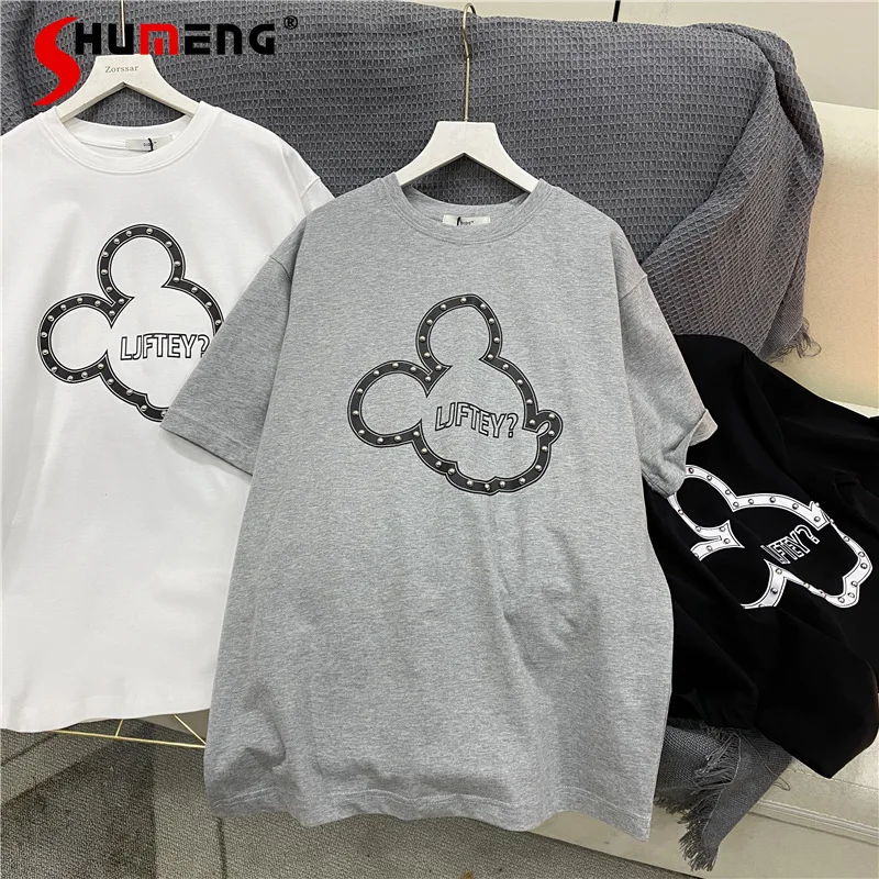 

Женская футболка с заклепками и буквенным принтом, универсальная хлопковая футболка с коротким рукавом, в Корейском стиле, весна 2021