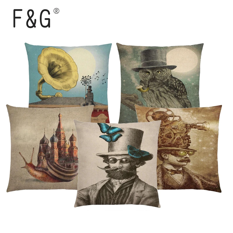 

Cartoon Character Cushion Cover Balloon Submarine Telescope Steampunk Mechanical Gentleman Hat Owl Print Sofa Throw Pillowcase