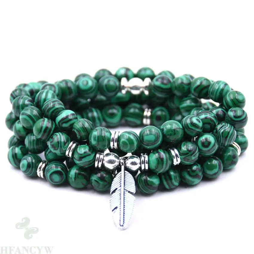 

6mm Malachite Gemstone Mala Bracelet 108 Beads Leaf Pendant Diy Healing Pray Lucky Wrist Handmade Bless Natural Buddhism Cheaply